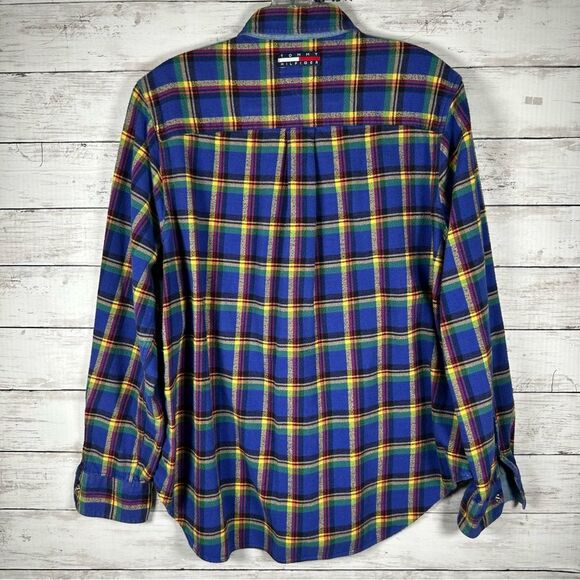 Tommy Hilfiger Women’s Blue Plaid Cotton Flannel Snap Sz 12 - Picture 2 of 8
